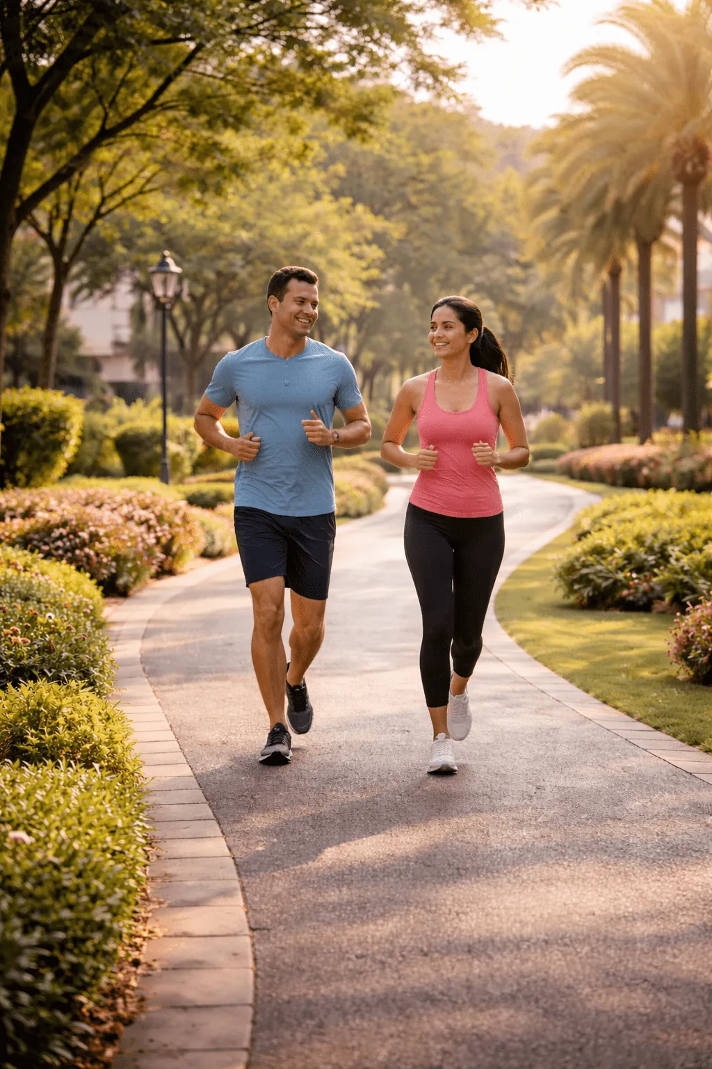 Couple jogging on a tree-lined walking track