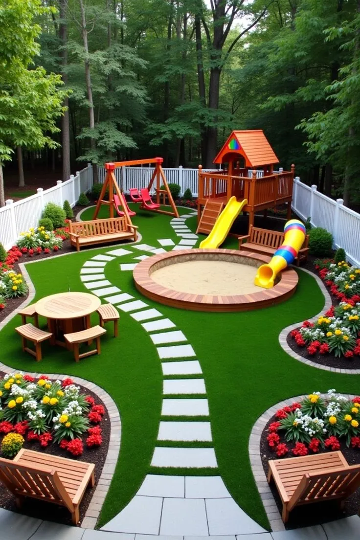 Children's play area with slides and swings