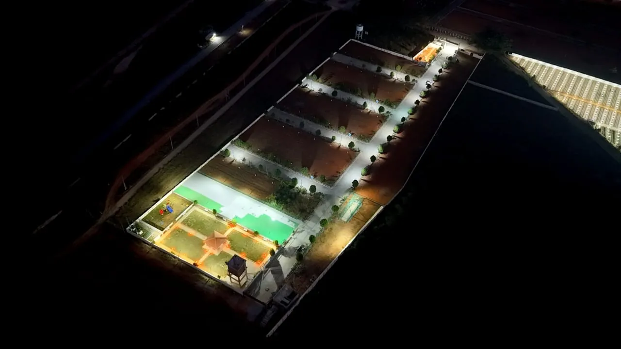 Night aerial view of the park and roads