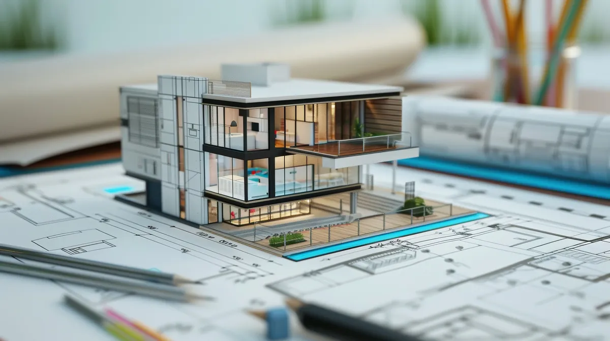 Architectural model of a modern custom villa on design drawings
